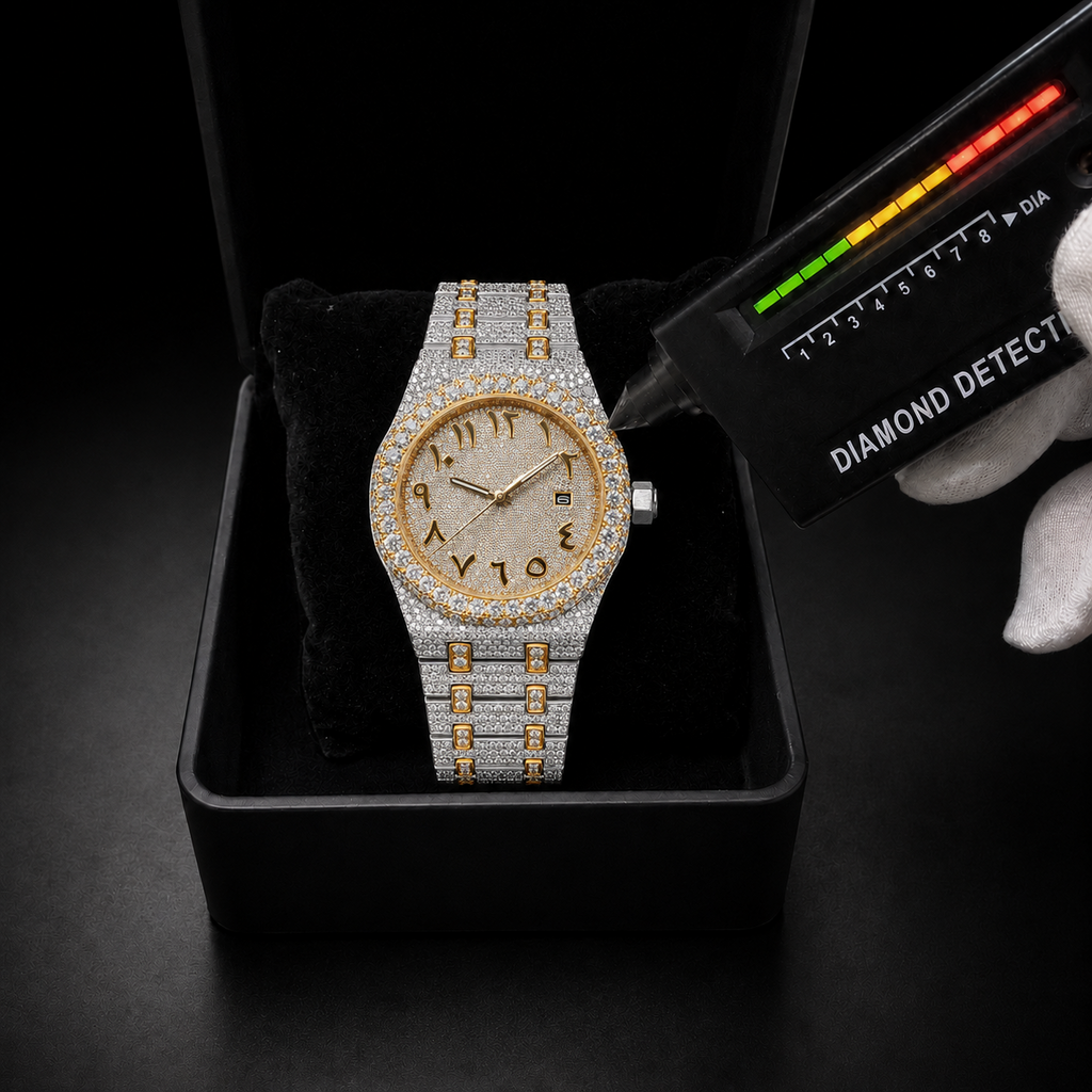 VVS Moissanite Iced Out Watch with Arabic Dial 41mm Two Tone Bust Down