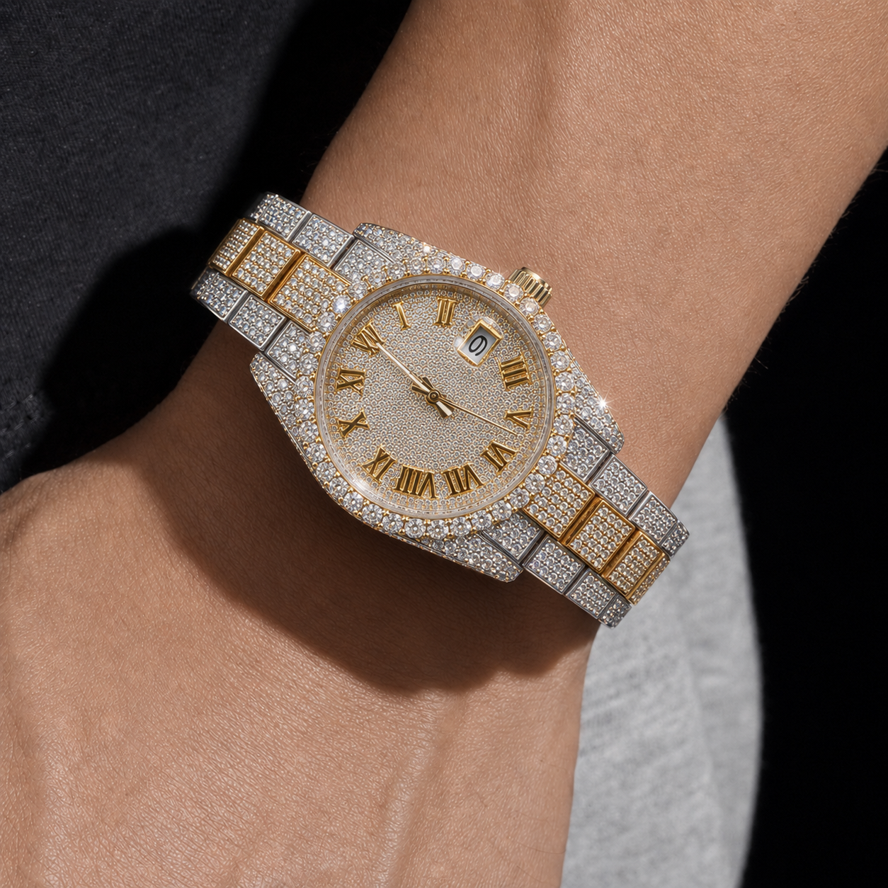 Men’s Two Tone Moissanite Iced Out Watch with Roman Dial