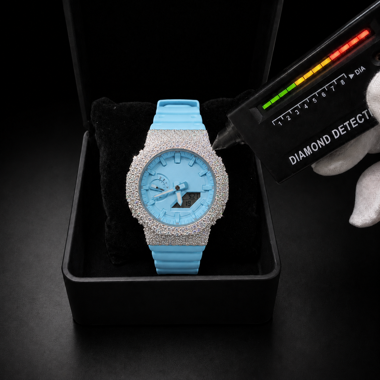 Sky Blue Iced Out Digital Analog Watch with Moissanite Stones