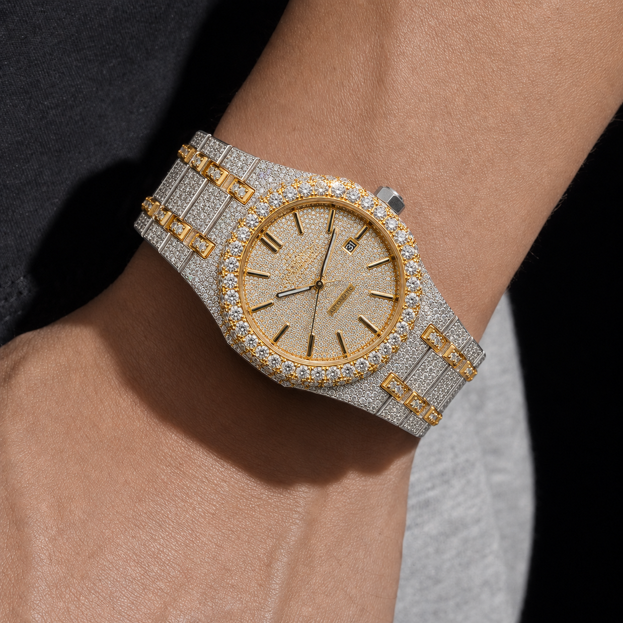 Men’s Two Tone VVS Moissanite Iced Out Bust Down Watch
