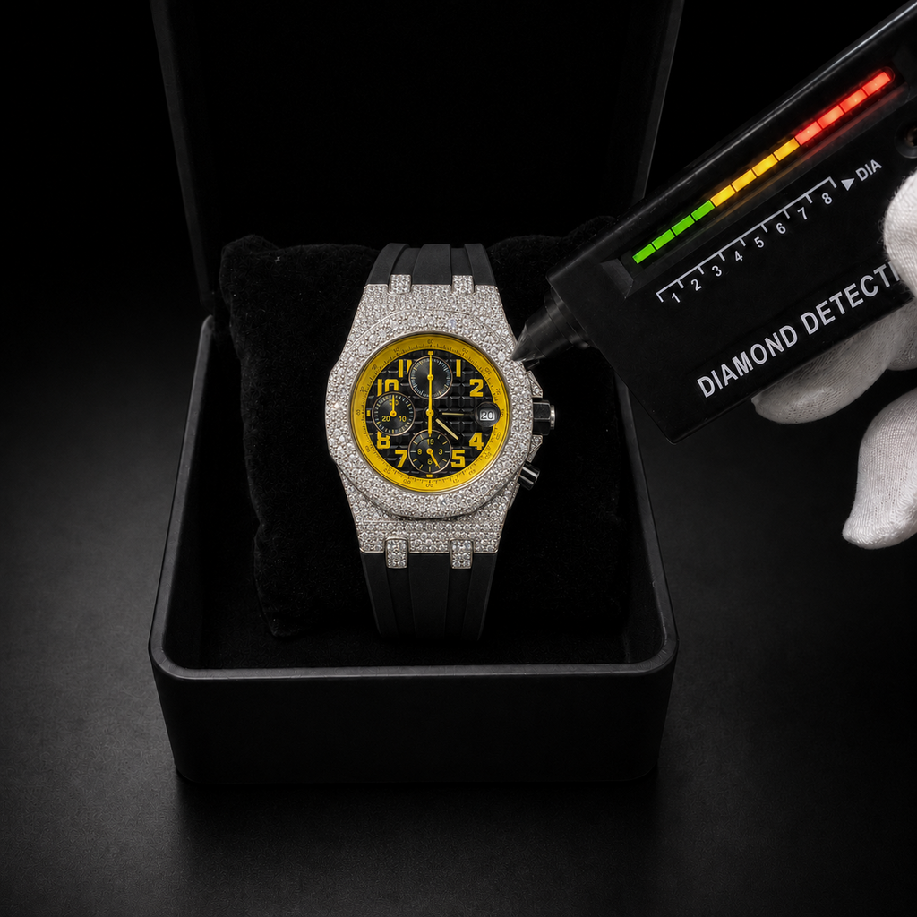 Iced Out Chronograph Watch with Yellow Numerical Dial and Black Rubber Strap