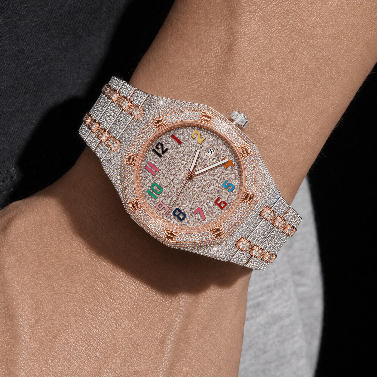 Two Tone Iced Out Watch with Rainbow Arabic Dial and VV Moissanite Stones