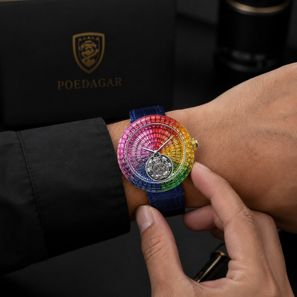 Rainbow Baguette Open-Heart Iced Watch | Blue Leather Strap Luxury Timepiece