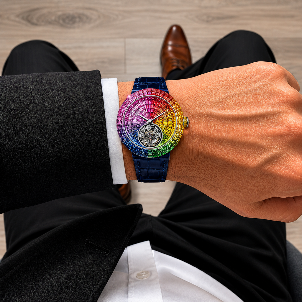 Rainbow Baguette Open-Heart Iced Watch | Blue Leather Strap Luxury Timepiece