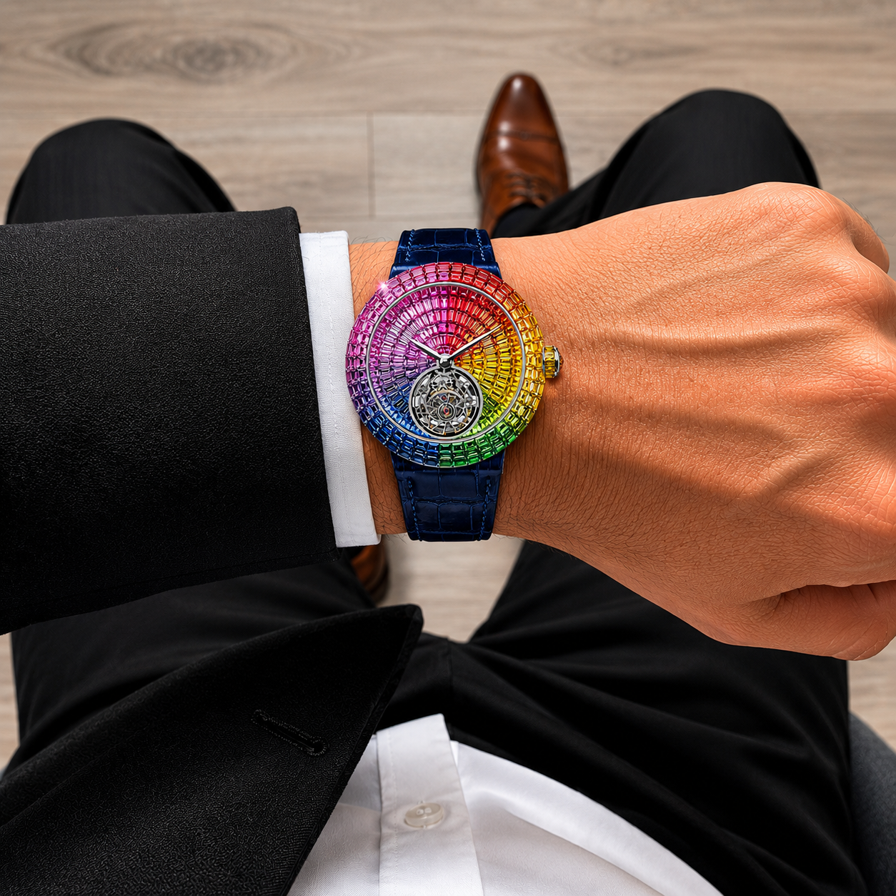Rainbow Baguette Open-Heart Iced Watch | Blue Leather Strap Luxury Timepiece