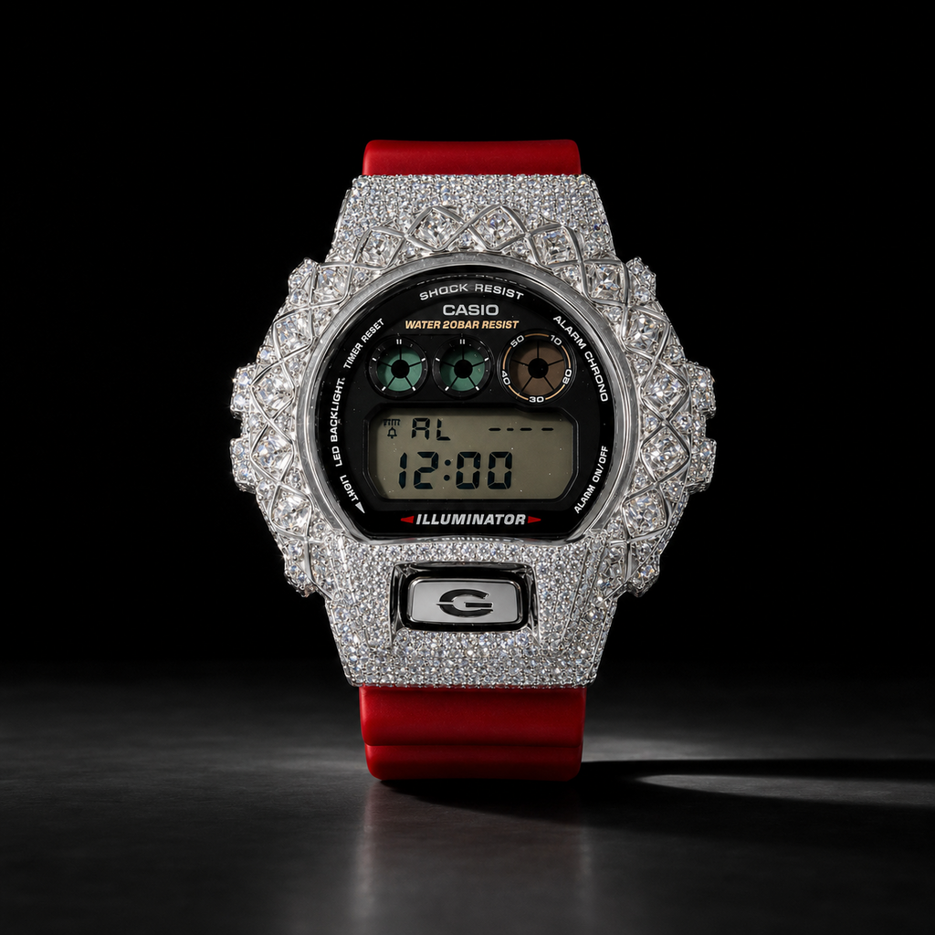 VVS Moissanite Bust Down Watch with Red Rubber Strap for Men