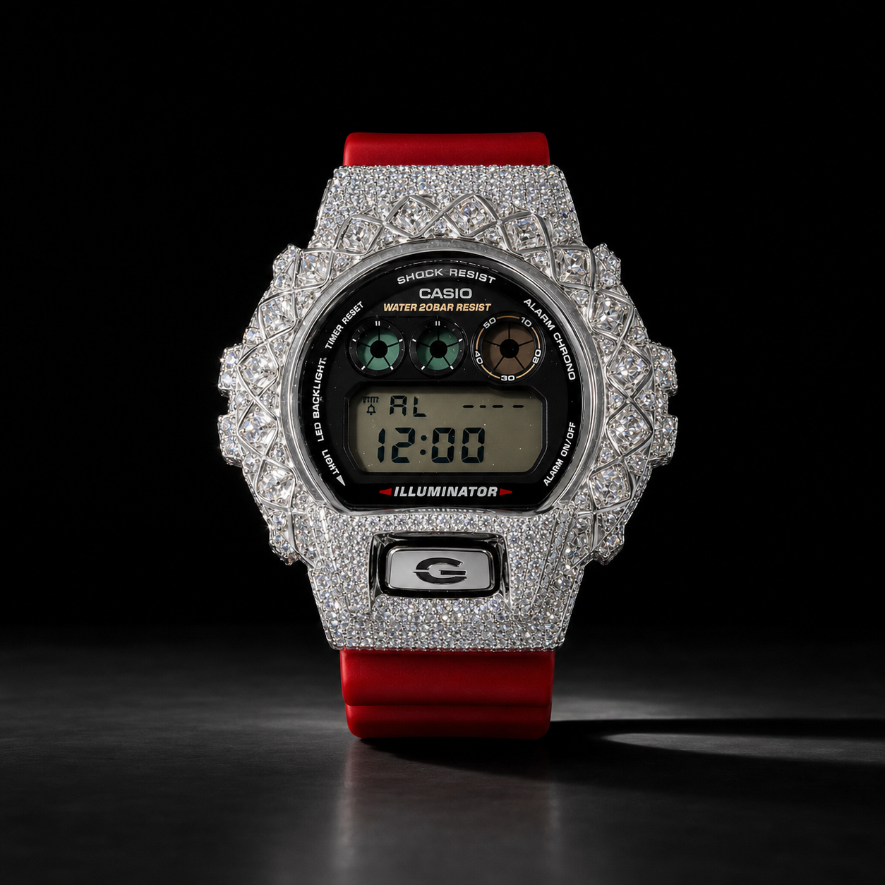VVS Moissanite Bust Down Watch with Red Rubber Strap for Men