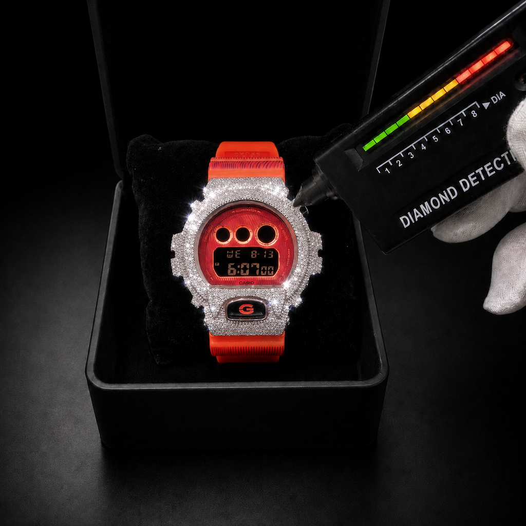 Luxury Men’s Iced Out Watch with orange Rubber Strap and VVS Moissanite