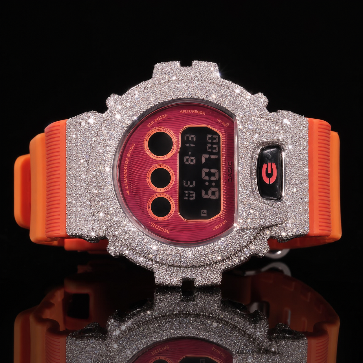 Luxury Men’s Iced Out Watch with orange Rubber Strap and VVS Moissanite