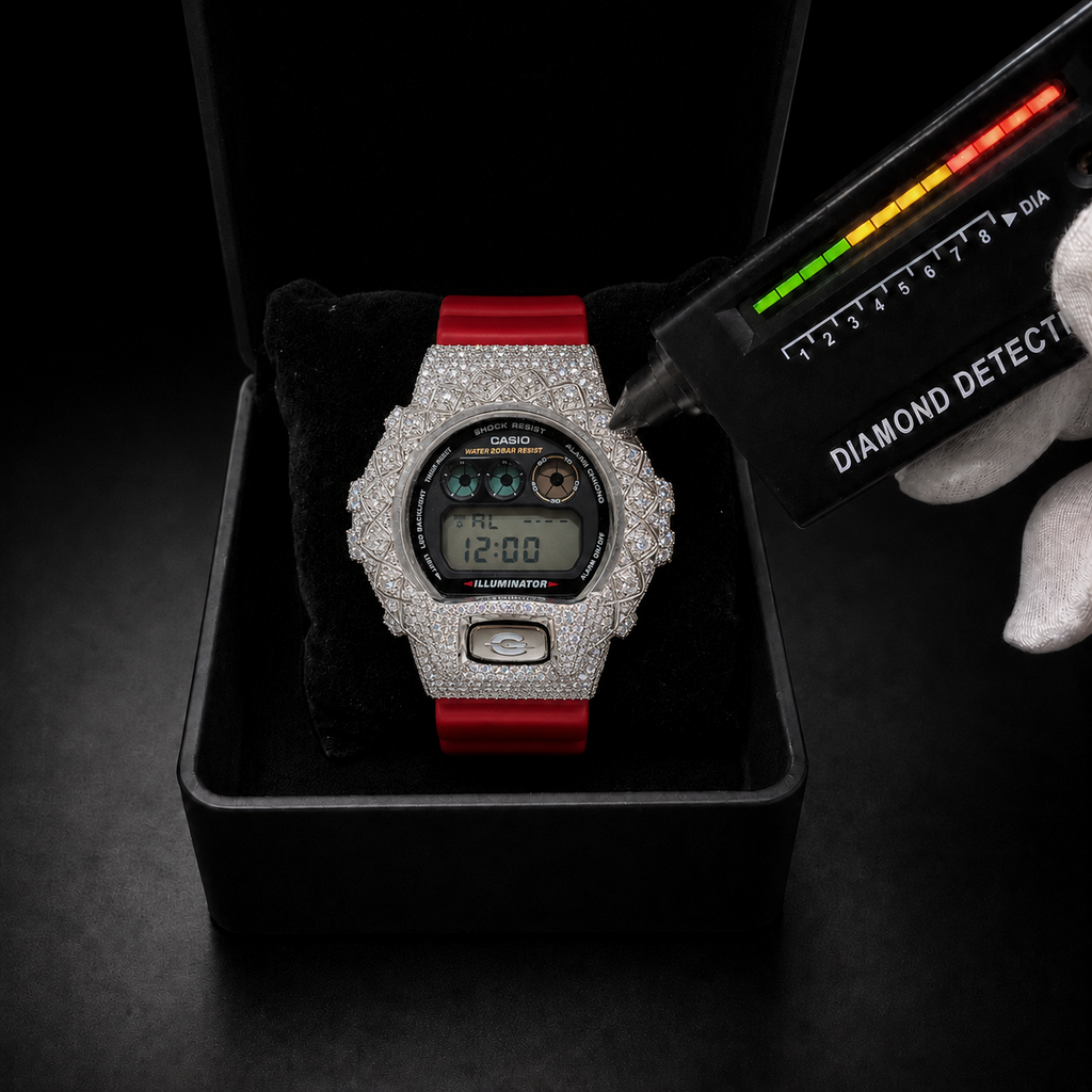 VVS Moissanite Bust Down Watch with Red Rubber Strap for Men
