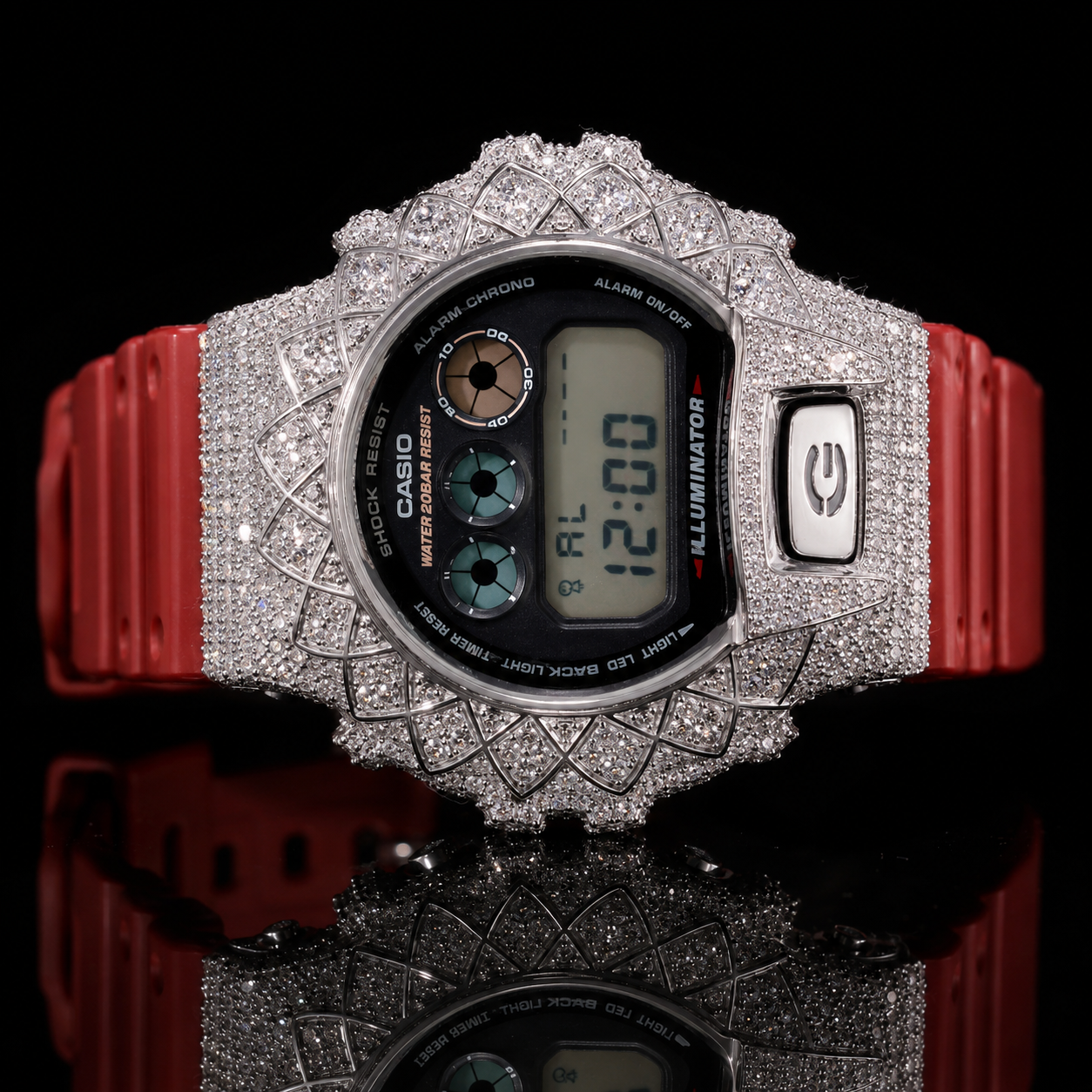 VVS Moissanite Bust Down Watch with Red Rubber Strap for Men