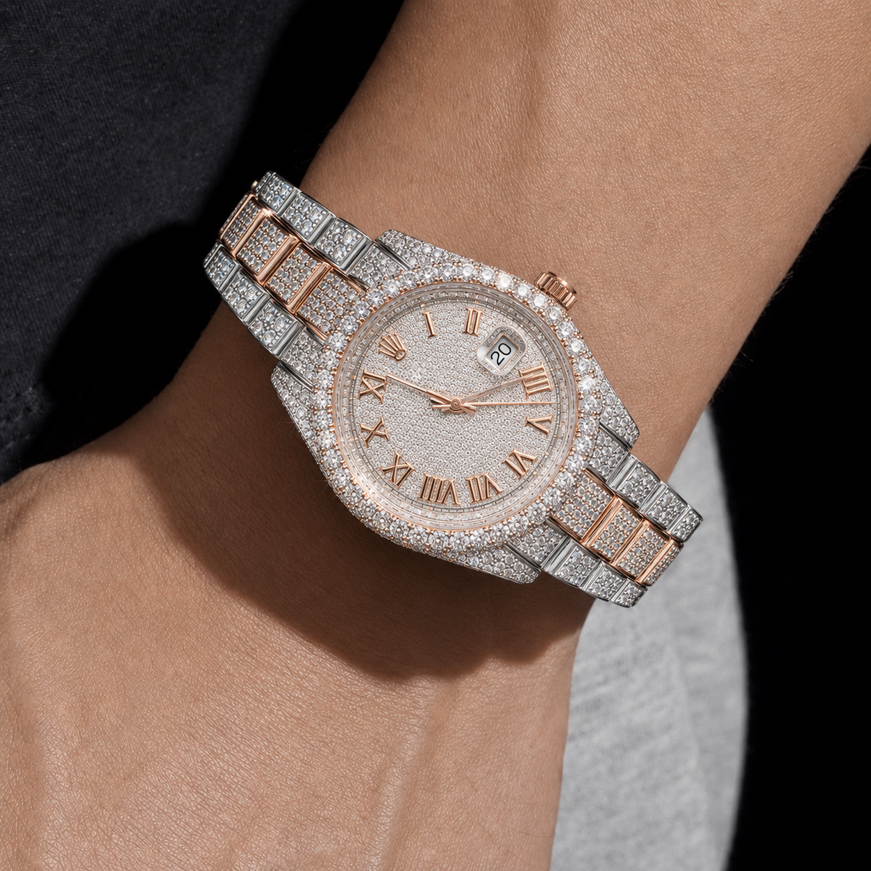VVS Moissanite Bust Down 40mm Two Tone Roman Dial Iced Out Oyster Belt