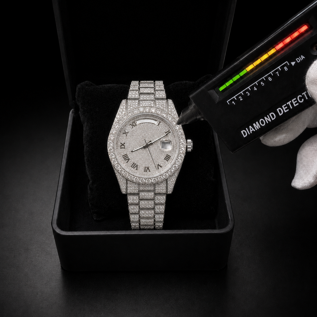 Iced Out Women’s Watch with VVS Moissanite and Roman Day-Date Dial