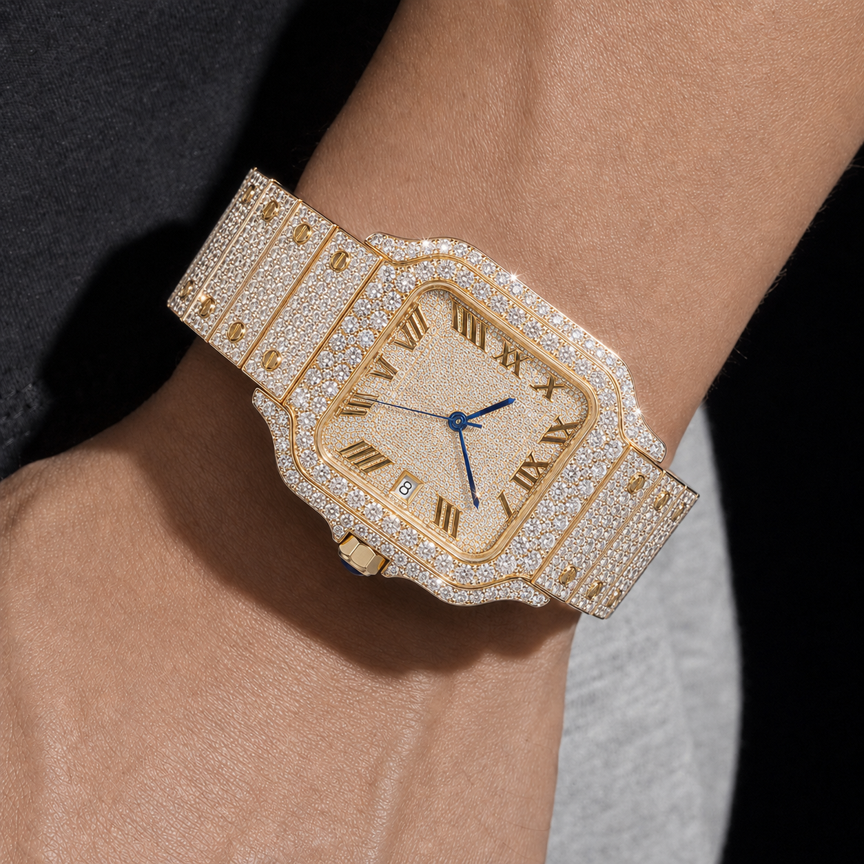 Men’s 40mm Square Dial Moissanite Iced Out Watch – 14K Yellow Gold Finish