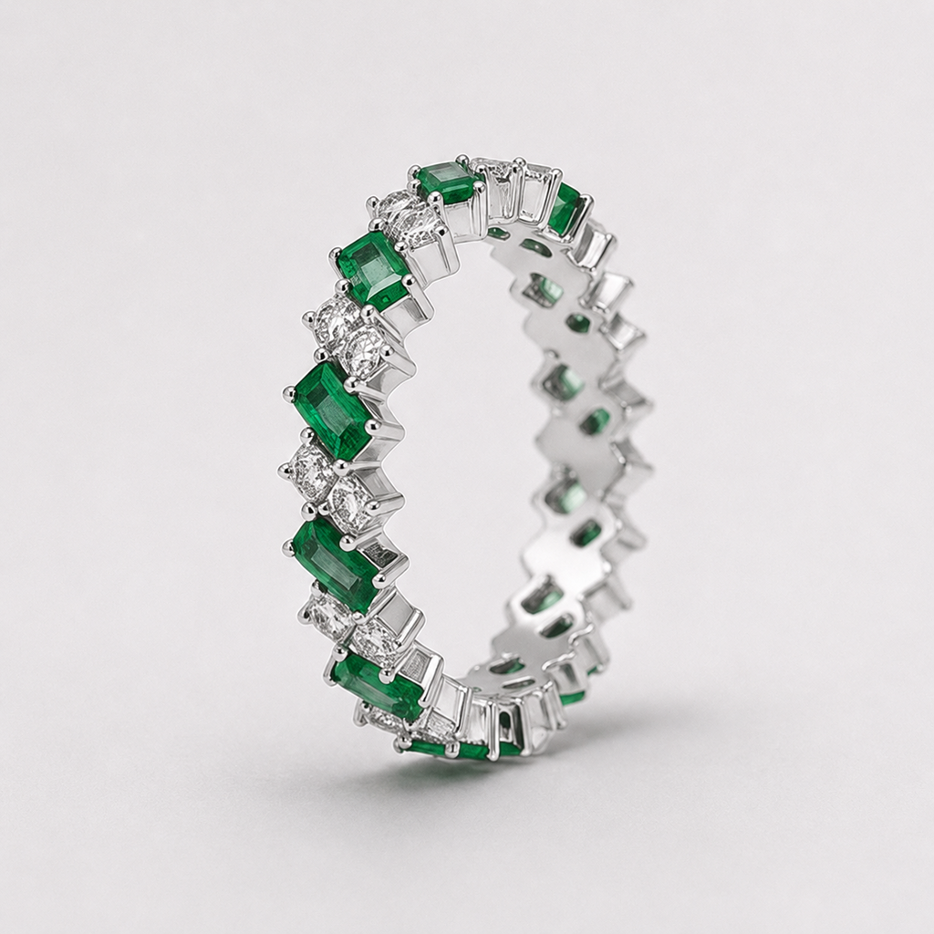 Emerald Green Baguette & Round Iced Band Rin
