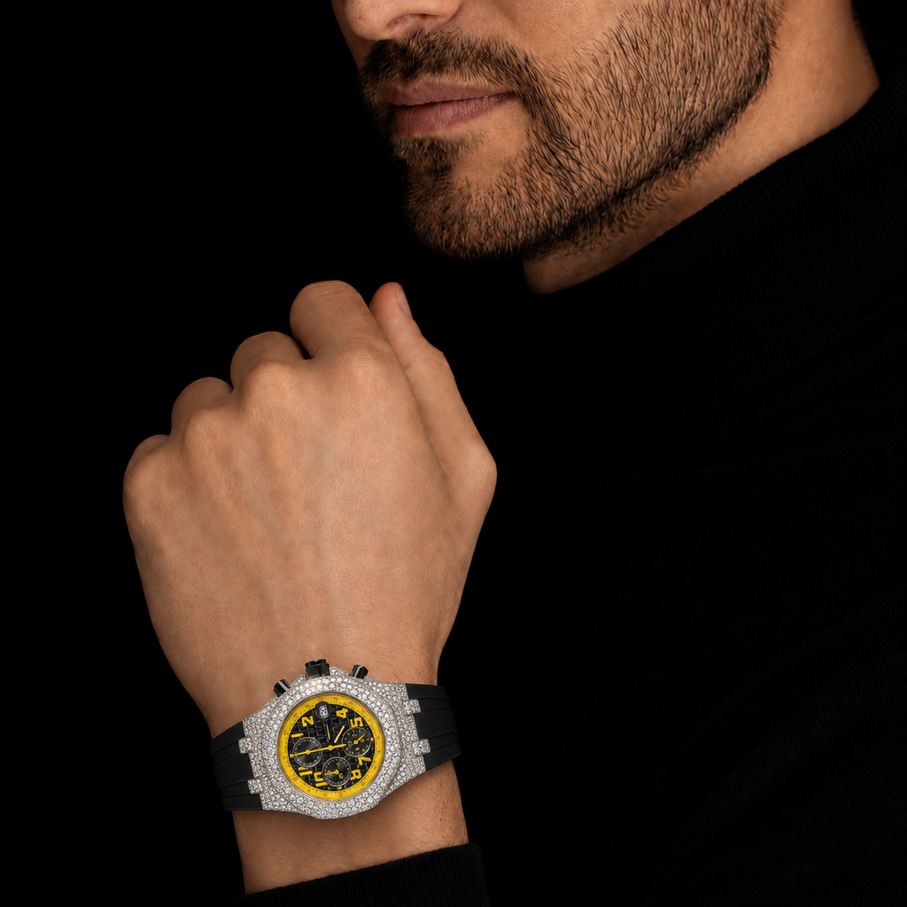 Iced Out Chronograph Watch with Yellow Numerical Dial and Black Rubber Strap