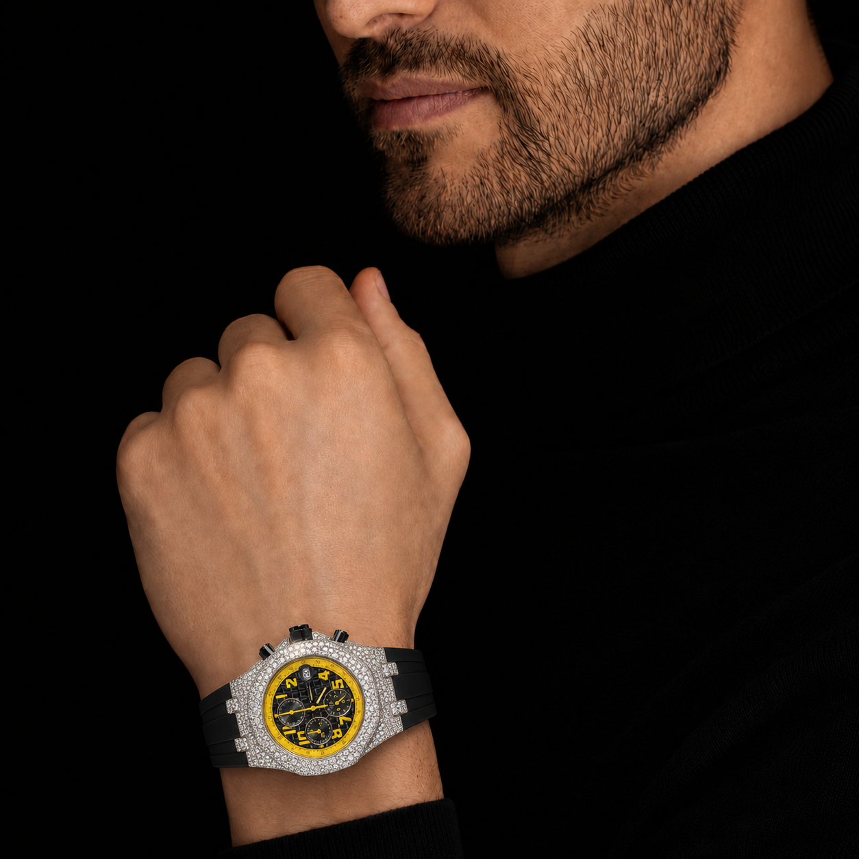 Iced Out Chronograph Watch with Yellow Numerical Dial and Black Rubber Strap