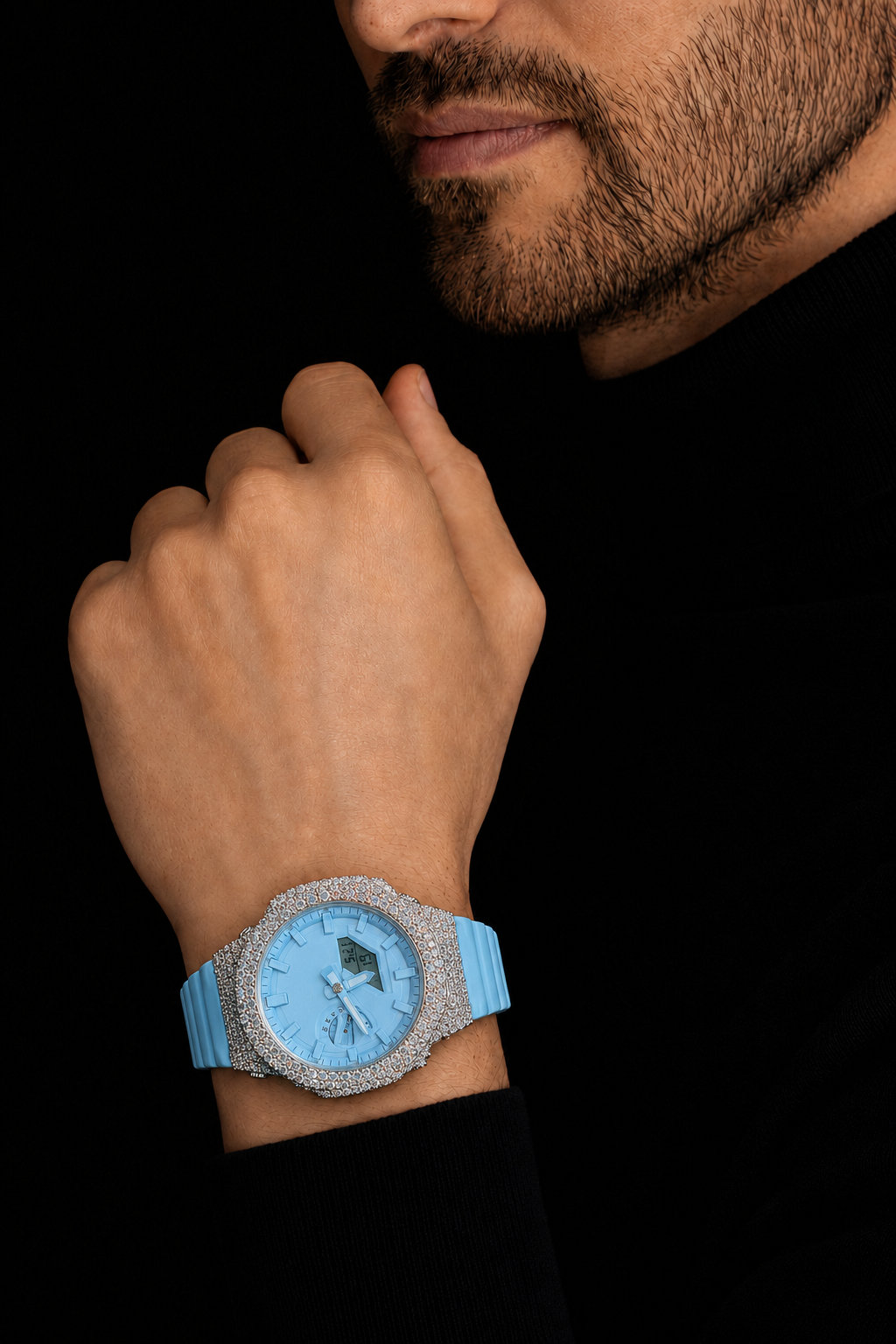 Sky Blue Iced Out Digital Analog Watch with Moissanite Stones