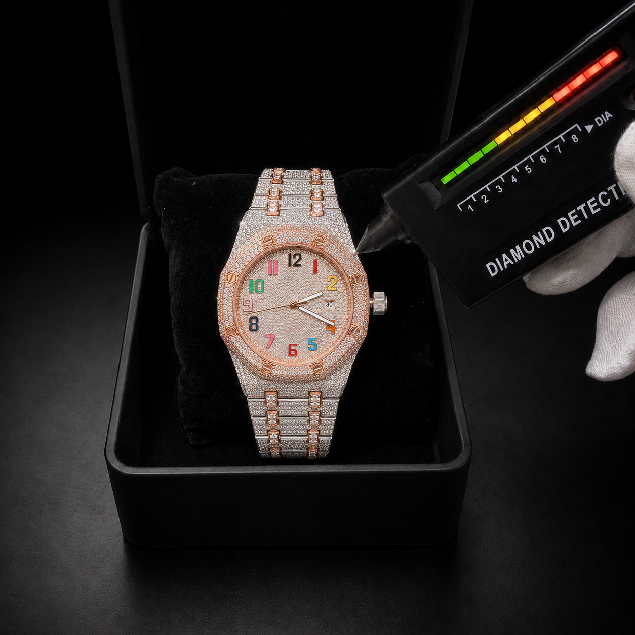 Two Tone Iced Out Watch with Rainbow Arabic Dial and VV Moissanite Stones
