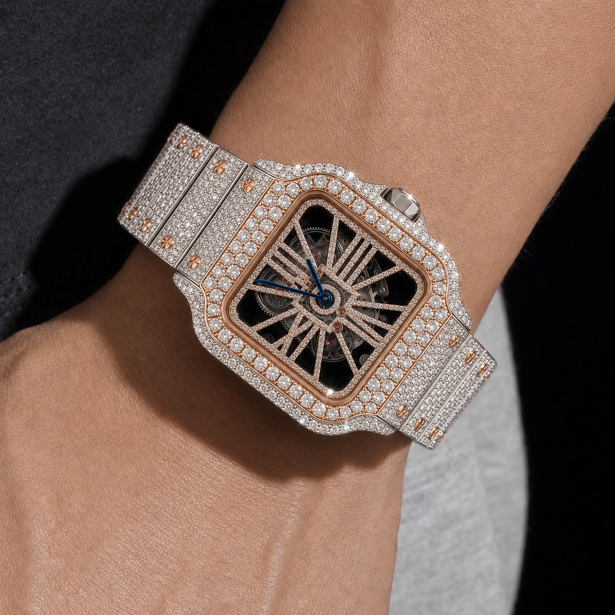 Luxury Two Tone Iced Out Watch for Men Moissanite Skeleton Roman Dial