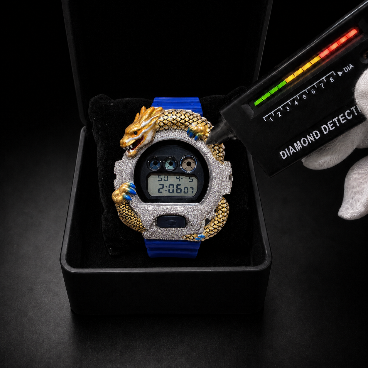 Men’s Iced Out Blue Dragon Watch VVS Moissanite Bust Down Rubber Strap