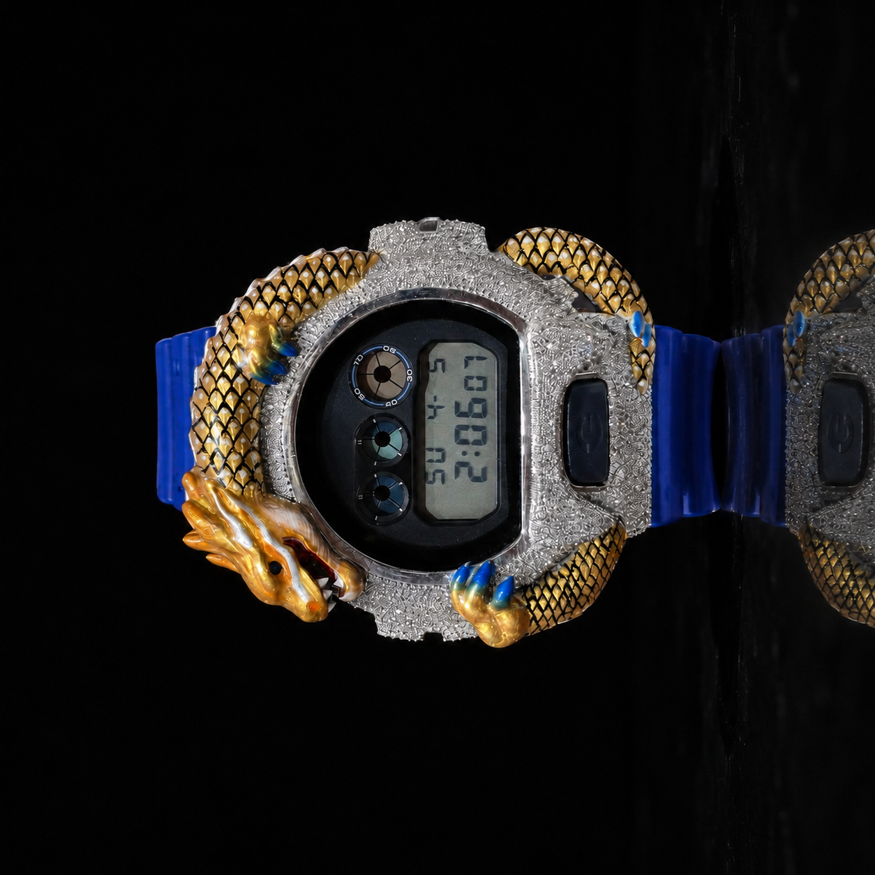 Men’s Iced Out Blue Dragon Watch VVS Moissanite Bust Down Rubber Strap