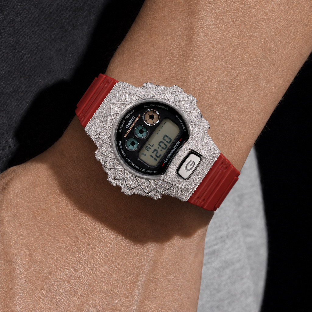 VVS Moissanite Bust Down Watch with Red Rubber Strap for Men