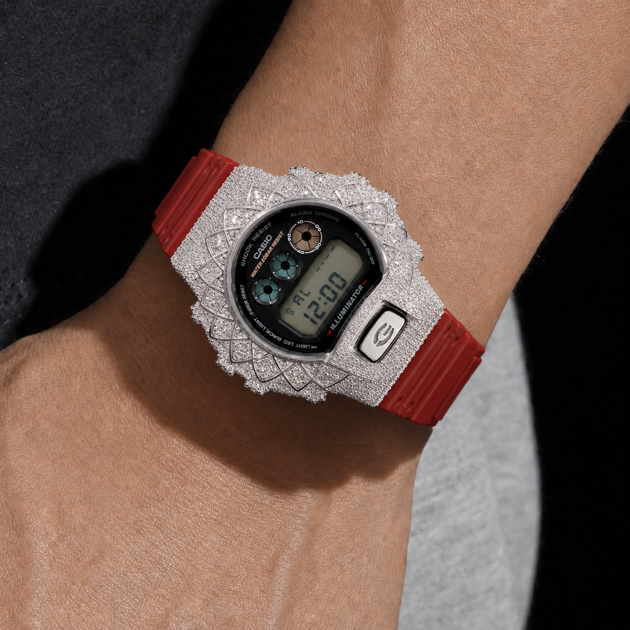 VVS Moissanite Bust Down Watch with Red Rubber Strap for Men