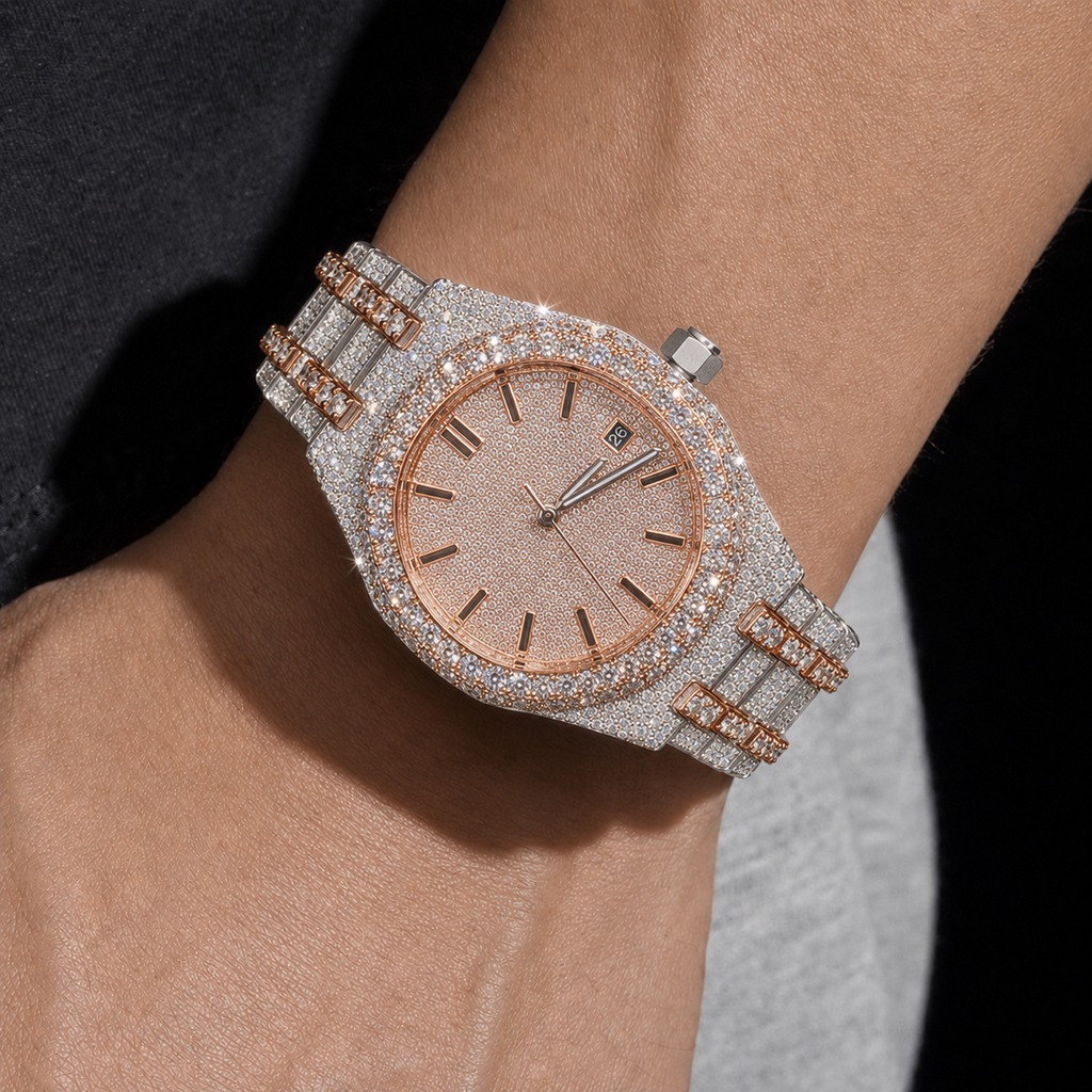 VVS  Moissanite Iced Out Watch for Men's Rose Gold Two Tone Bust Down