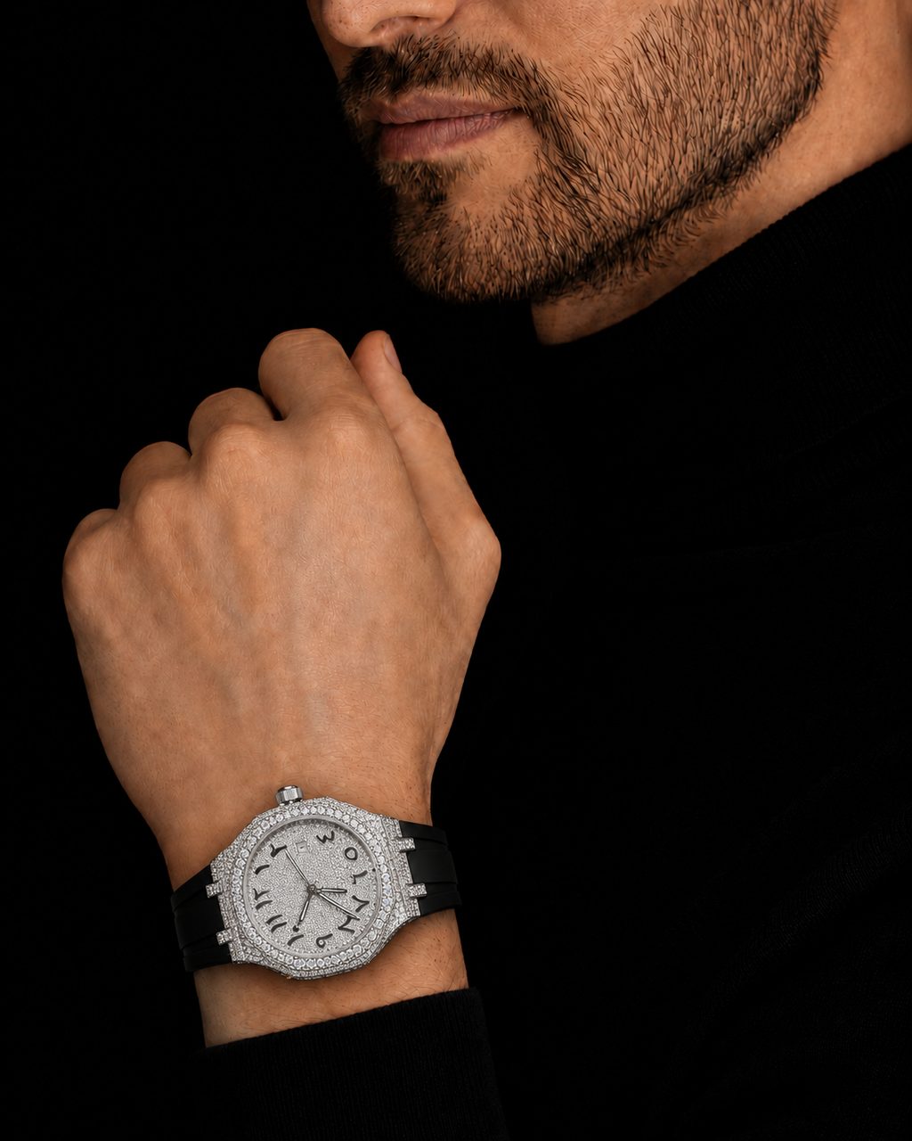 White Gold Finish Arabic Dial Iced Out Watch for Men Rubber Strap
