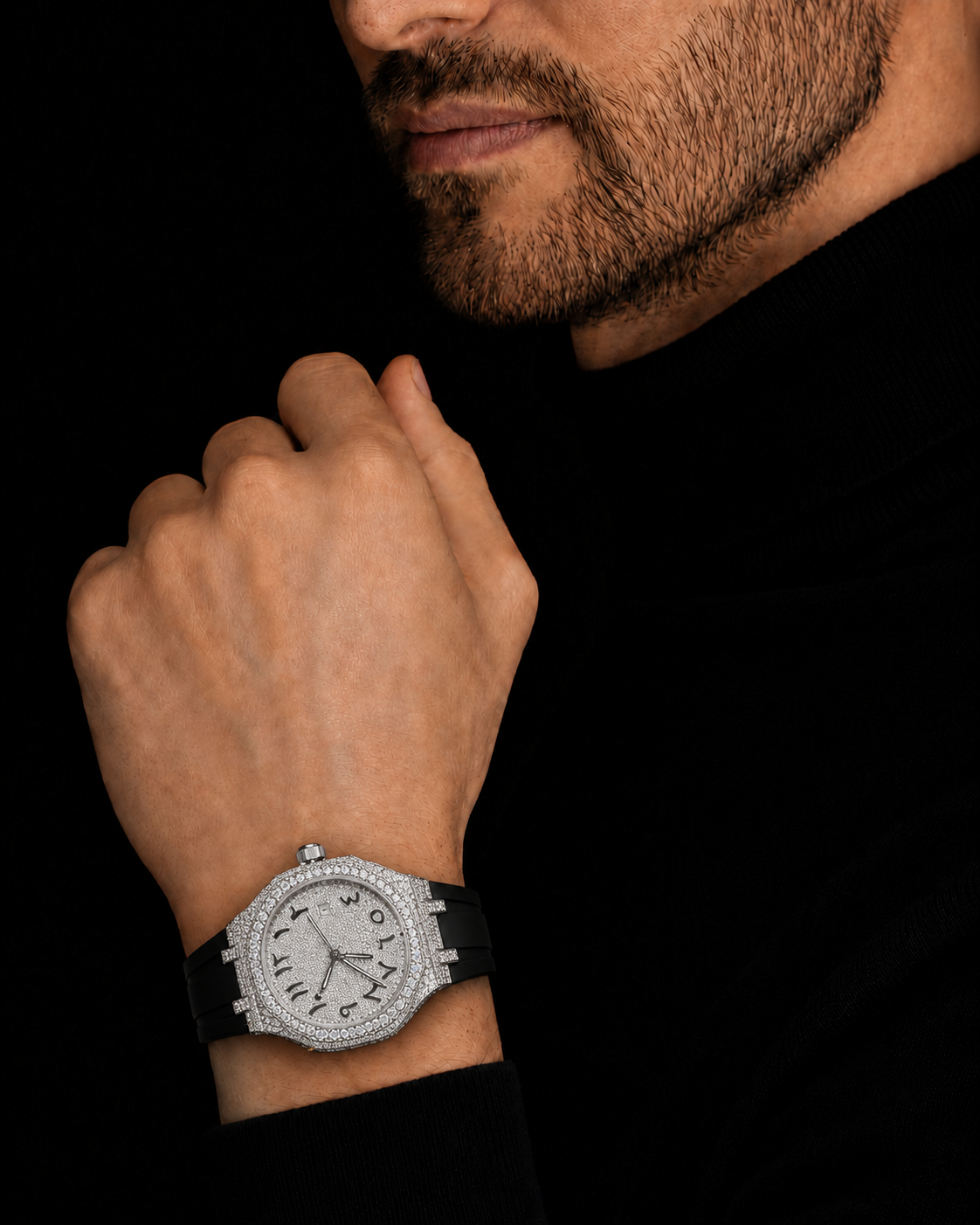 White Gold Finish Arabic Dial Iced Out Watch for Men Rubber Strap