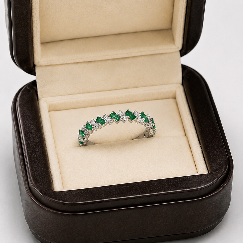 Emerald Green Baguette & Round Iced Band Rin