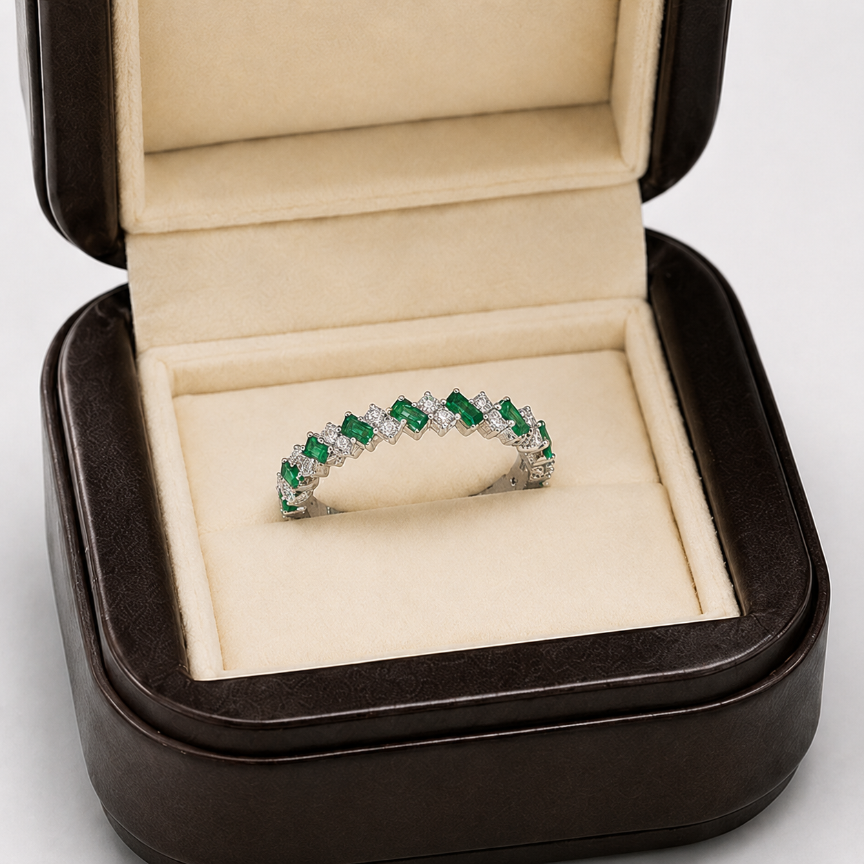 Emerald Green Baguette & Round Iced Band Rin