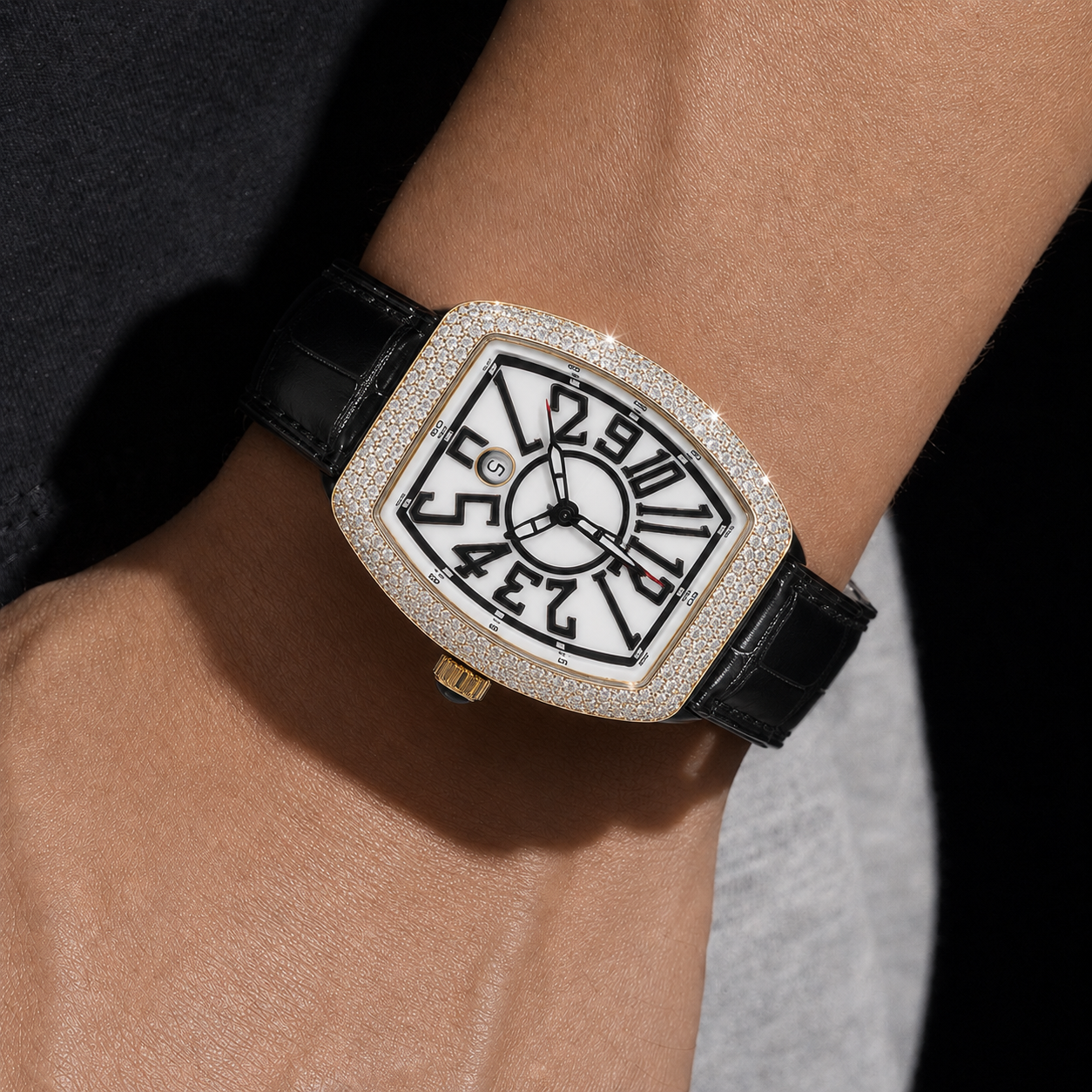 VVS Moissanite Bust Down Watch with Black Leather Strap
