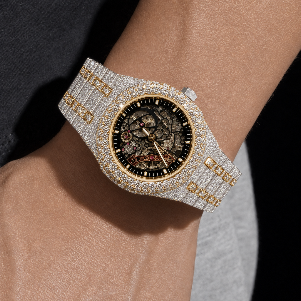 Men’s Luxury Bust Down Skeleton Watch Two Tone White Yellow Gold Finish
