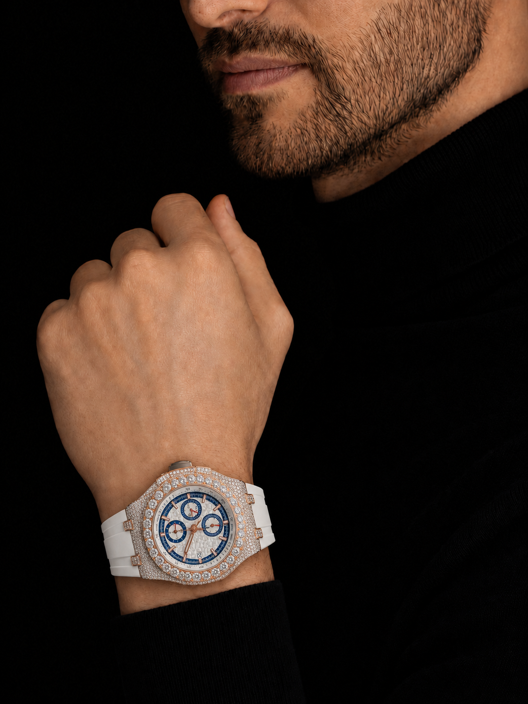 White Strap Iced Out Chronograph Watch with Rose Gold Finish