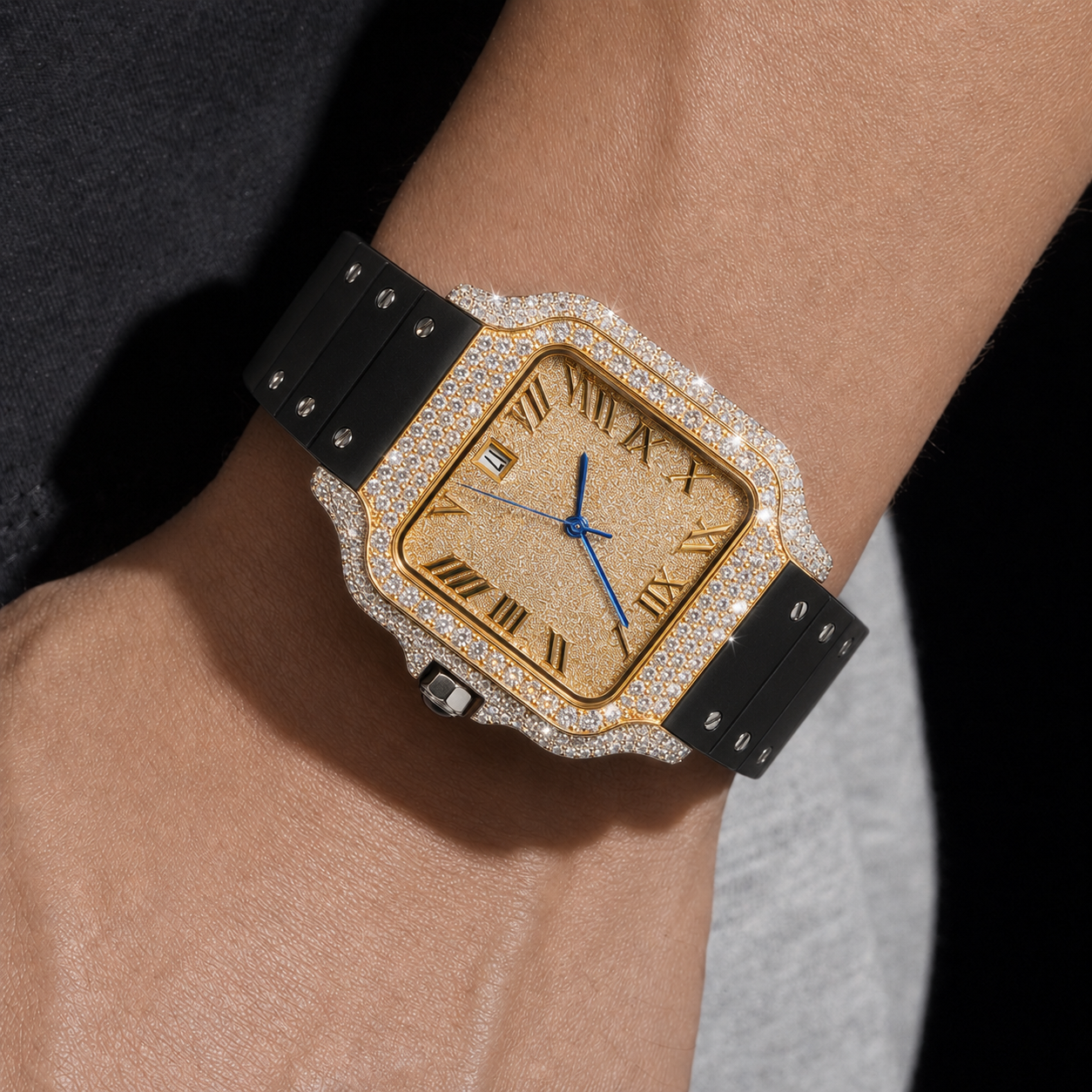 VVS Moissanite Bust Down Watch with Rubber Strap for Men