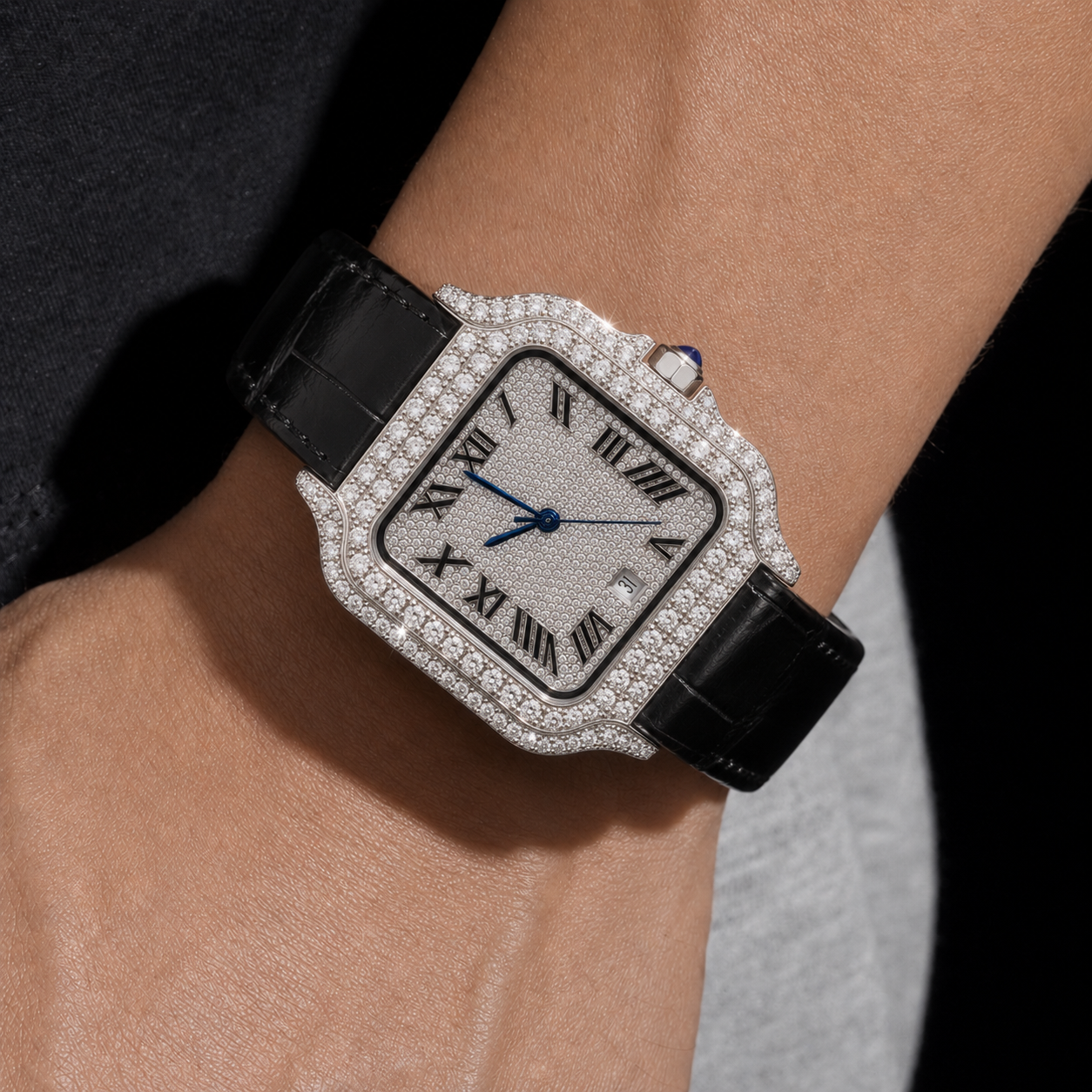VVS Moissanite Men’s Watch with White Gold Finish and Leather Belt