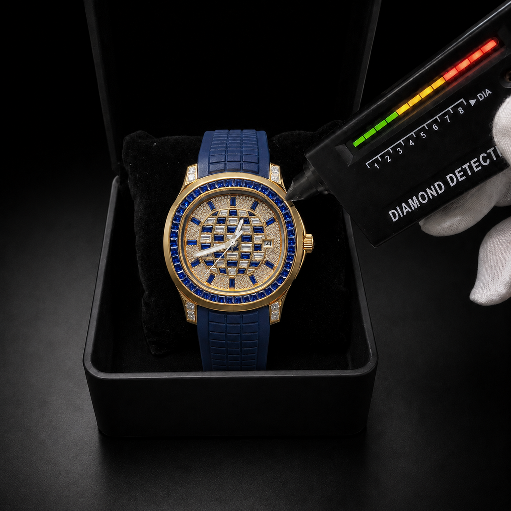 Blue Dial Iced Out Watch for Men Yellow Gold Finish with Rubber Strap
