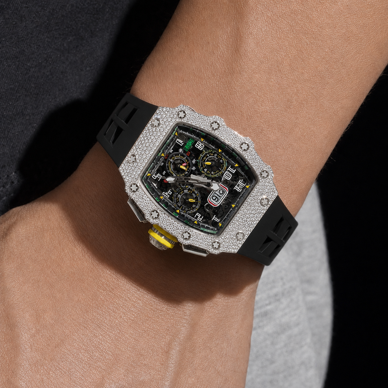 Luxury Men’s Iced Out Watch with Black Rubber Strap and White Gold Finish