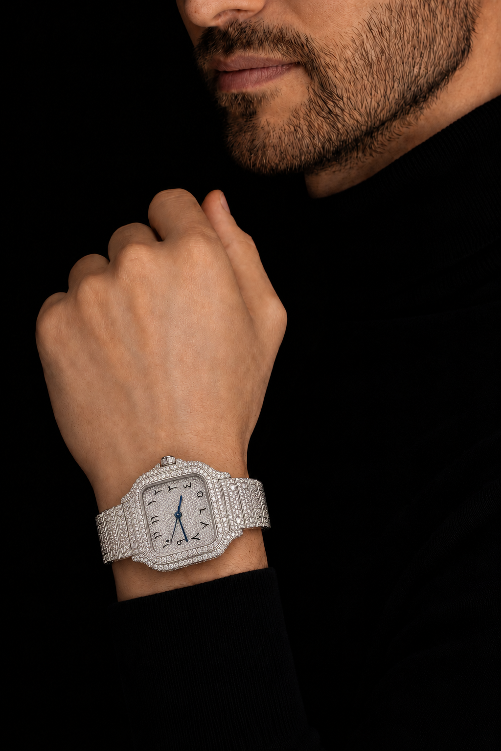 VVS Moissanite Square Dial Watch 40mm Arabic Bust Down