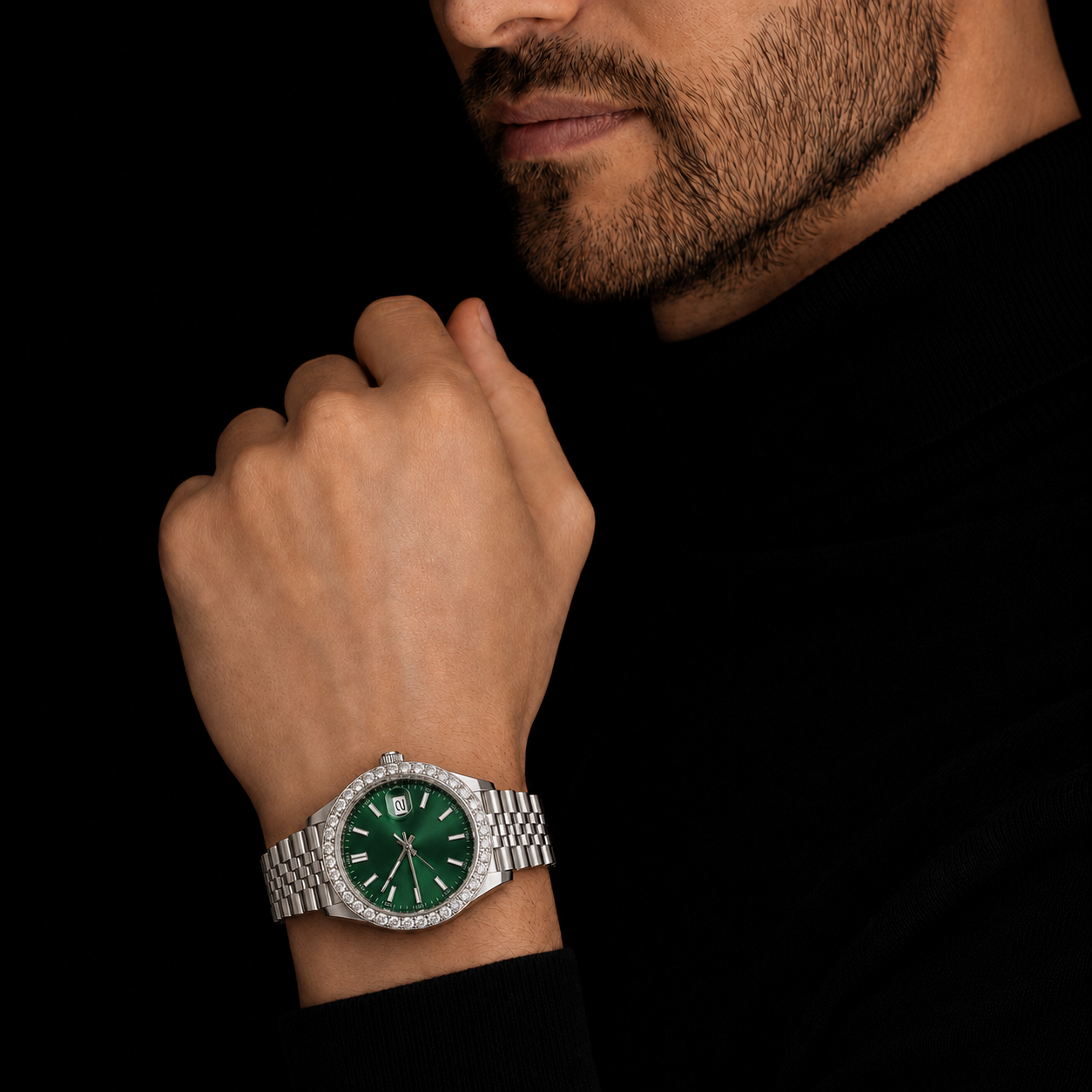 Green Dial Iced Out Moissanite Watch with Jubilee Bracelet