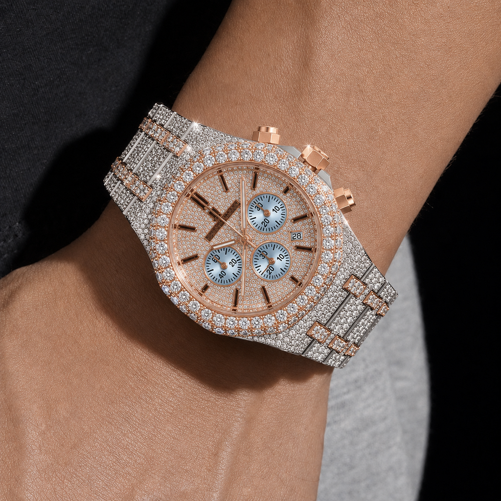 Two Tone Rose Gold White Gold Iced Out Watch for Men Chronograph Style