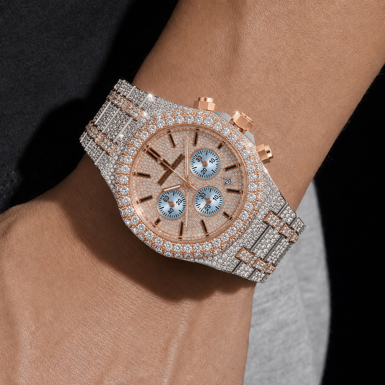 Two Tone Rose Gold White Gold Iced Out Watch for Men Chronograph Style