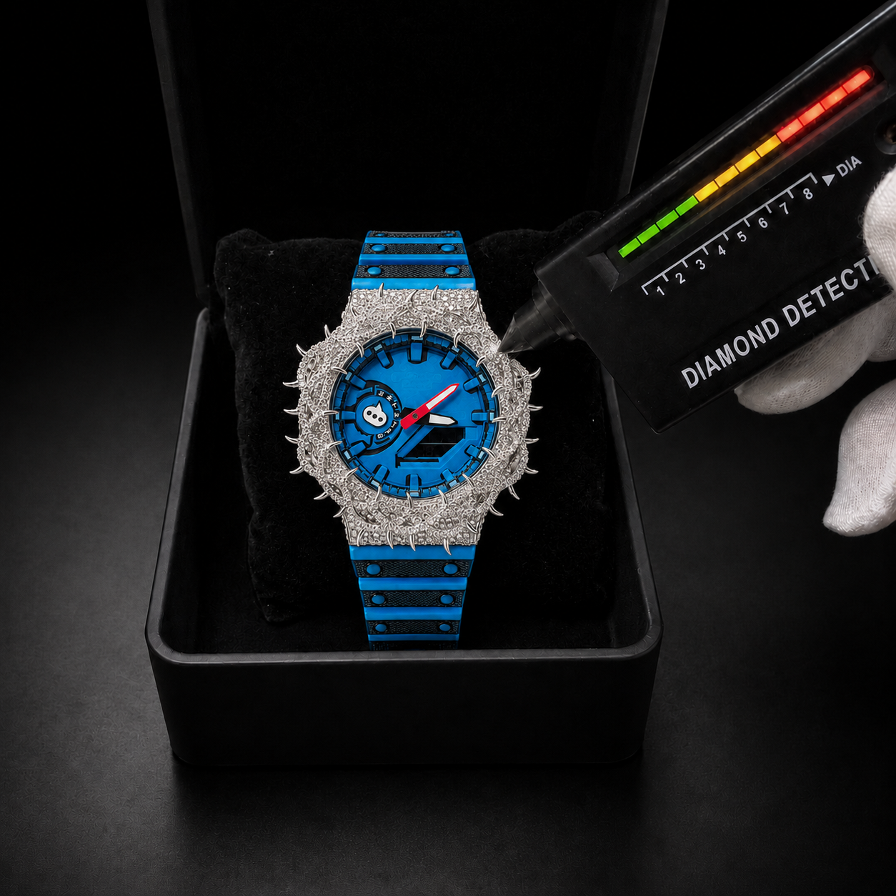 Blue Spiked Iced Out Watch with Moissanite Stones and Rubber Strap