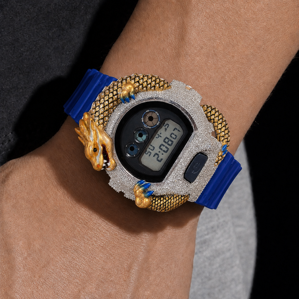 Men’s Iced Out Blue Dragon Watch VVS Moissanite Bust Down Rubber Strap