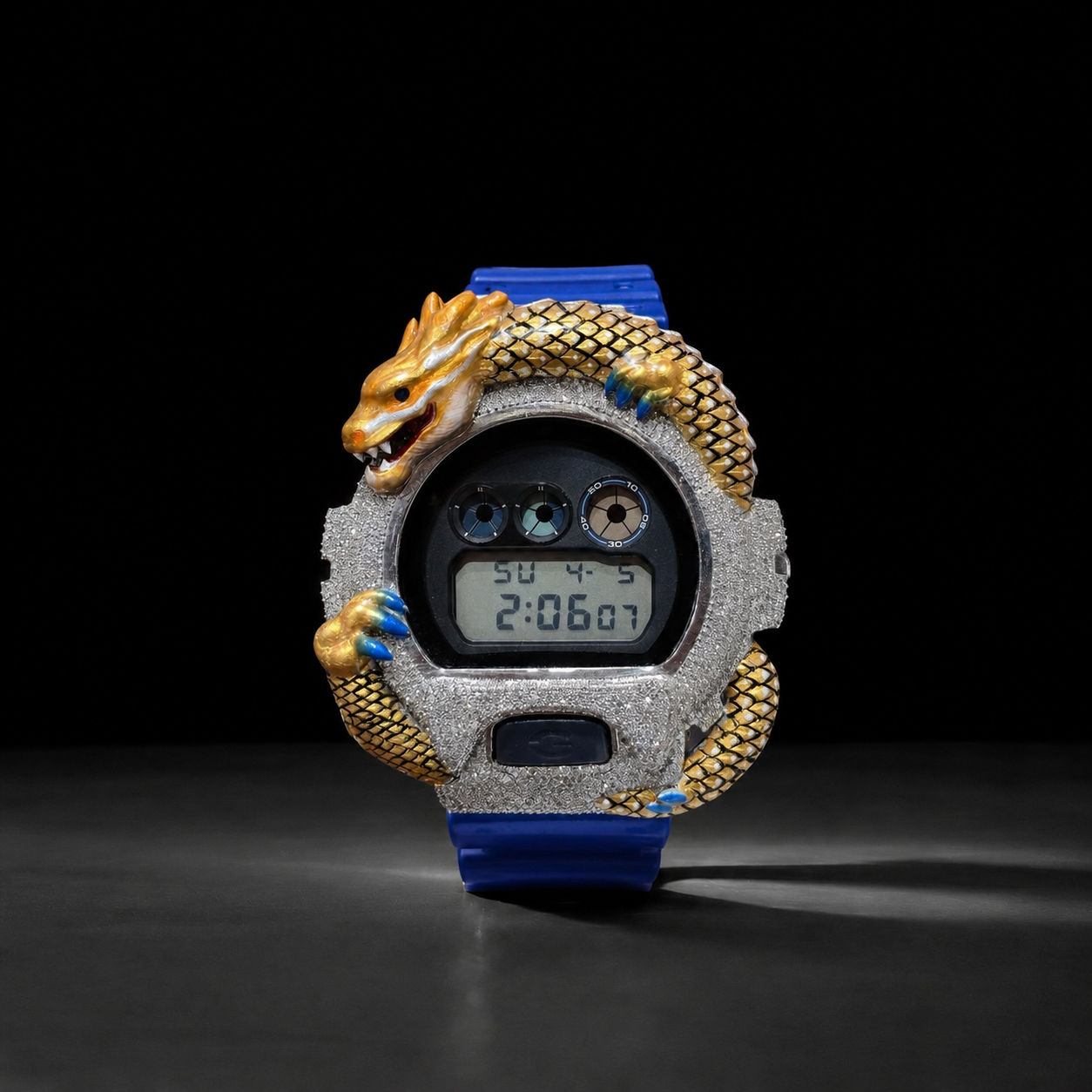 Men’s Iced Out Blue Dragon Watch VVS Moissanite Bust Down Rubber Strap