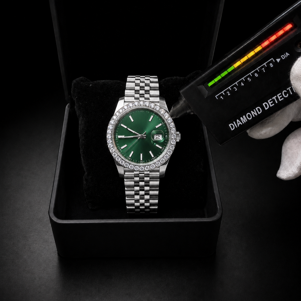 Green Dial Iced Out Moissanite Watch with Jubilee Bracelet