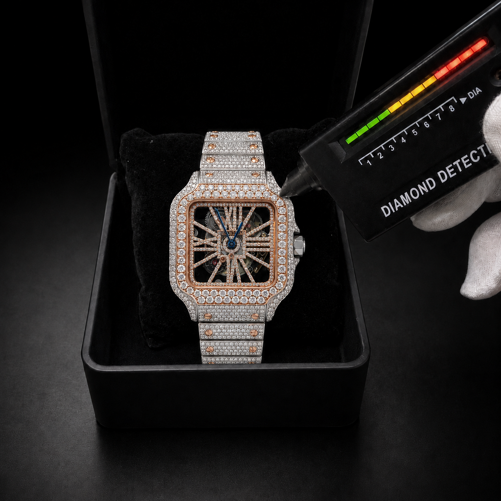 Luxury Two Tone Iced Out Watch for Men Moissanite Skeleton Roman Dial