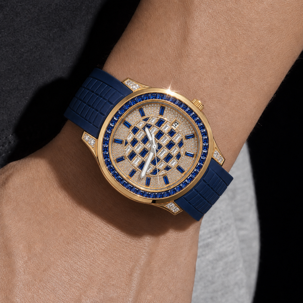 Blue Dial Iced Out Watch for Men Yellow Gold Finish with Rubber Strap
